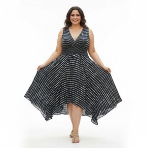 Soft Surroundings Dress L Striped Black White Cotton V Neck Sleeveless Casual